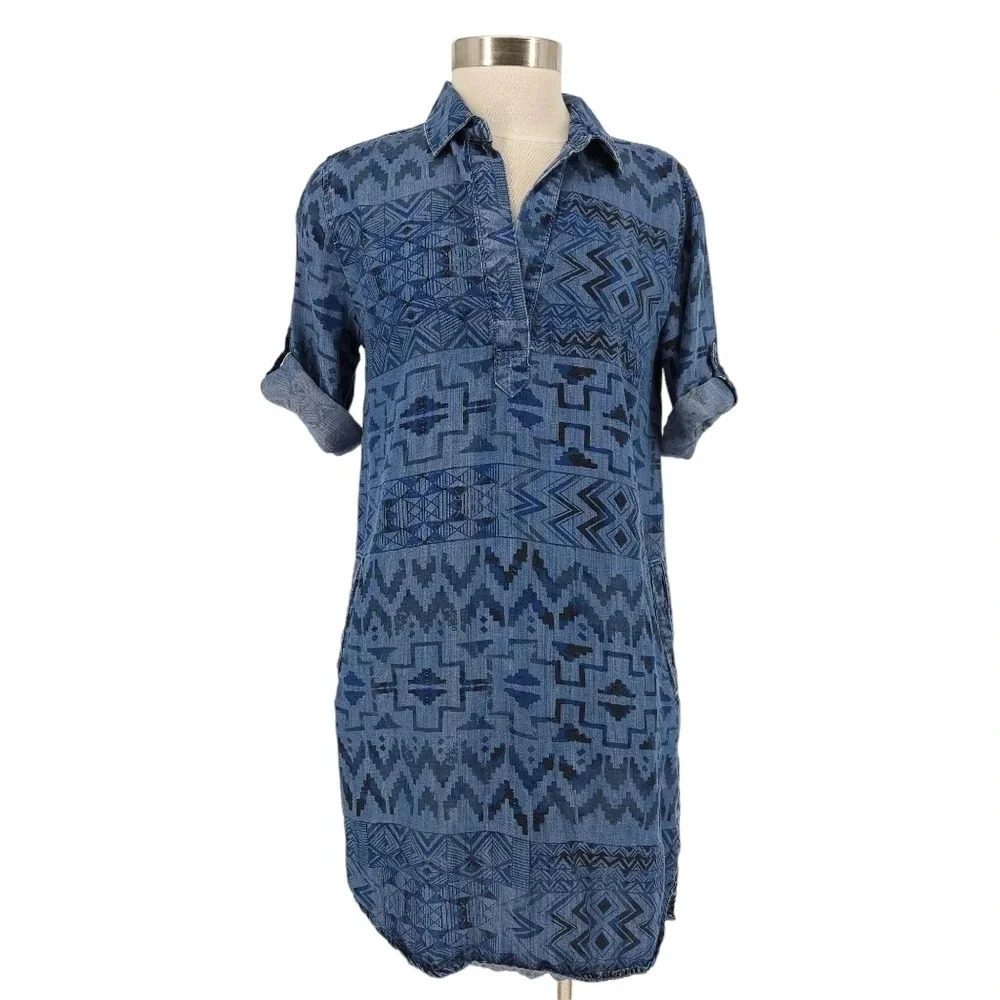 Philosophy Shirt Shift Dress Blue Chambray Aztec Short Sleeve Western Denim